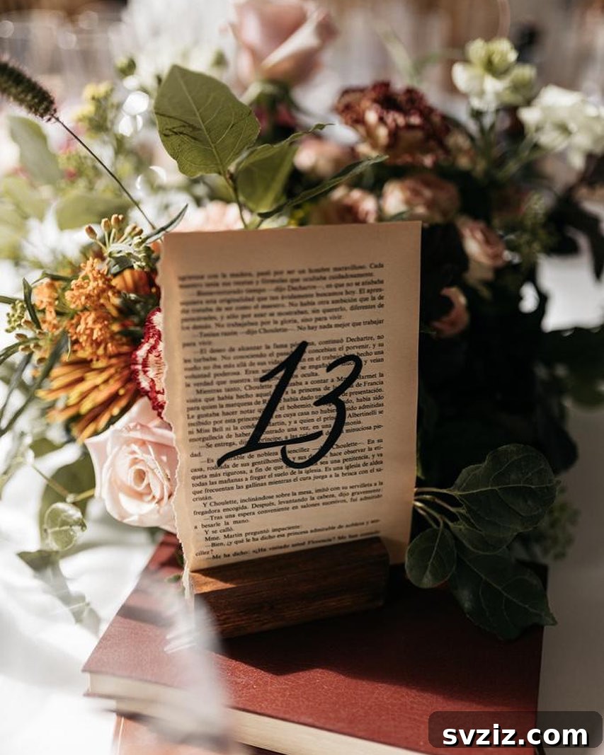 Literary Love Table Numbers using Book Pages and Wooden Accents