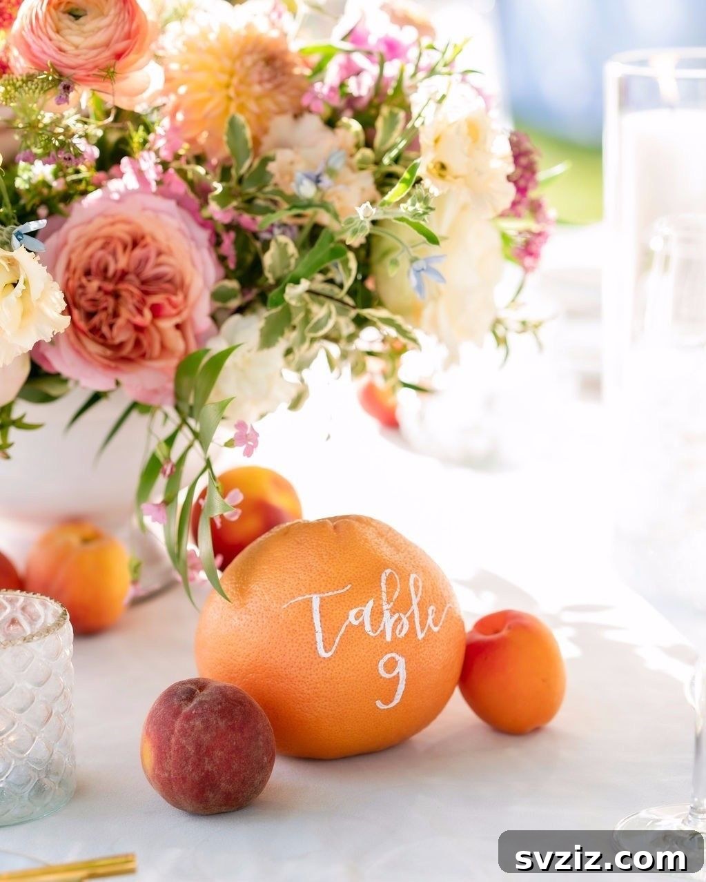 Autumn Tones Table Numbers with Rustic Flowers, Oranges, and Stone Fruits