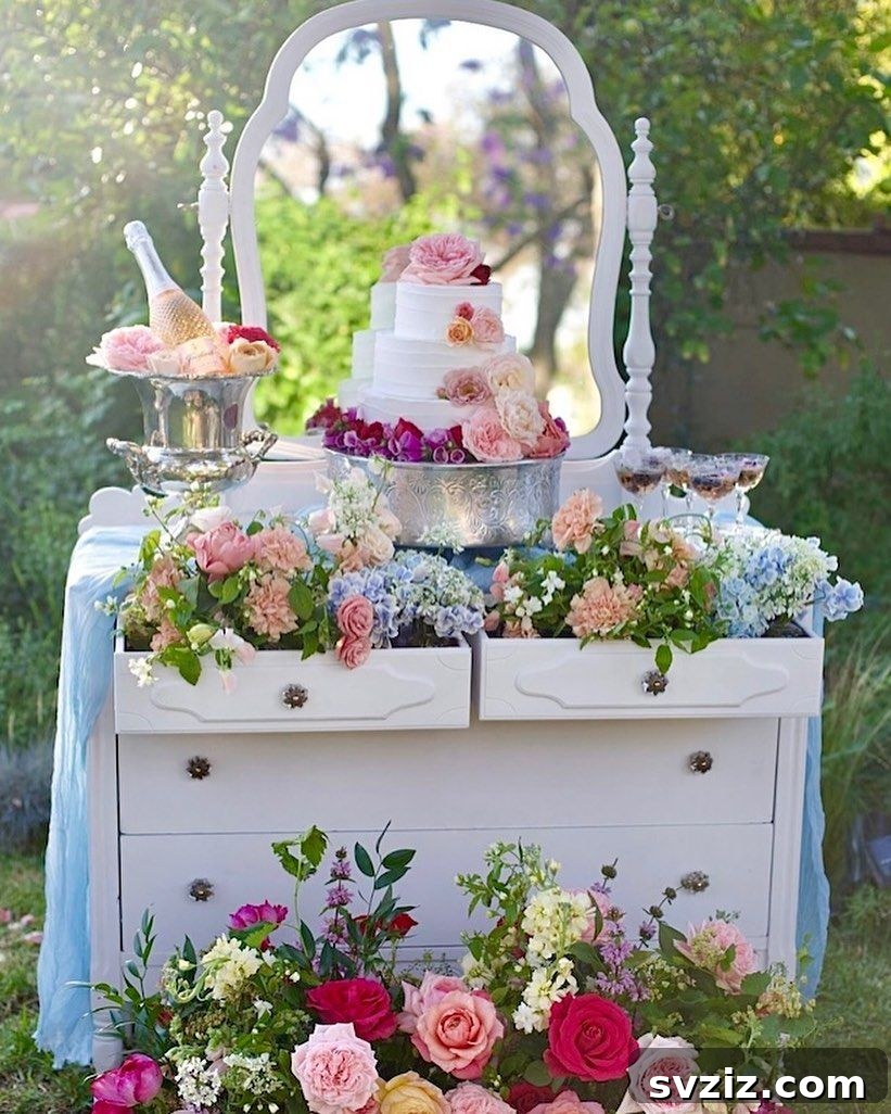 Elegant Wedding Cake Table Designs 8 6. Antique Chest & Mirror