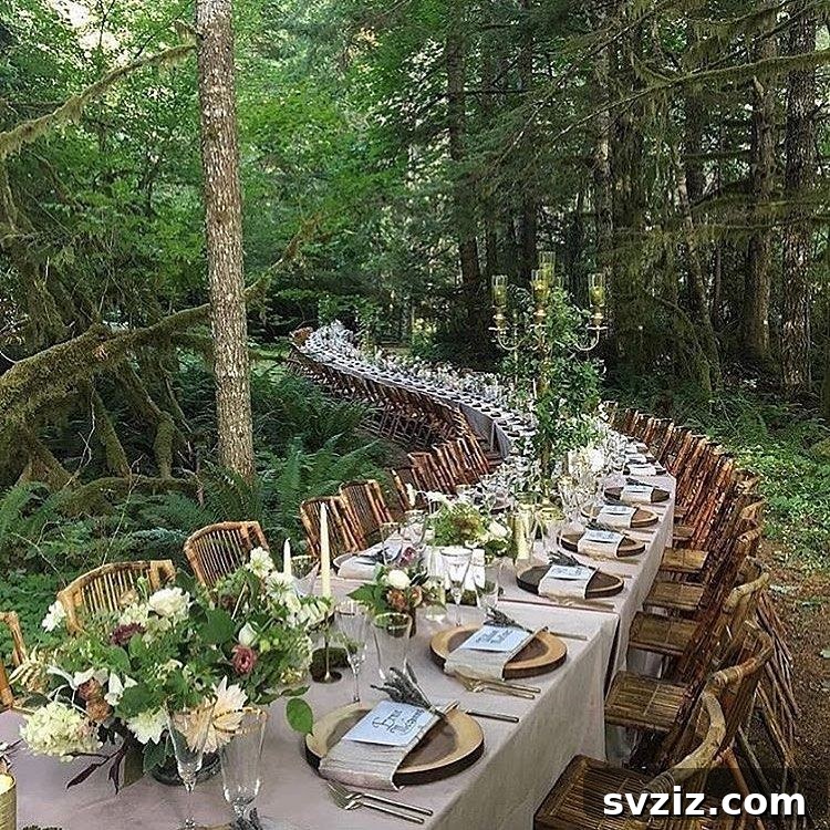 Charming Rustic Long Table Wedding Inspiration 11 Enchanted Forest Wedding Table winding through trees with Rustic Chairs and Gold-Rimmed Goblets