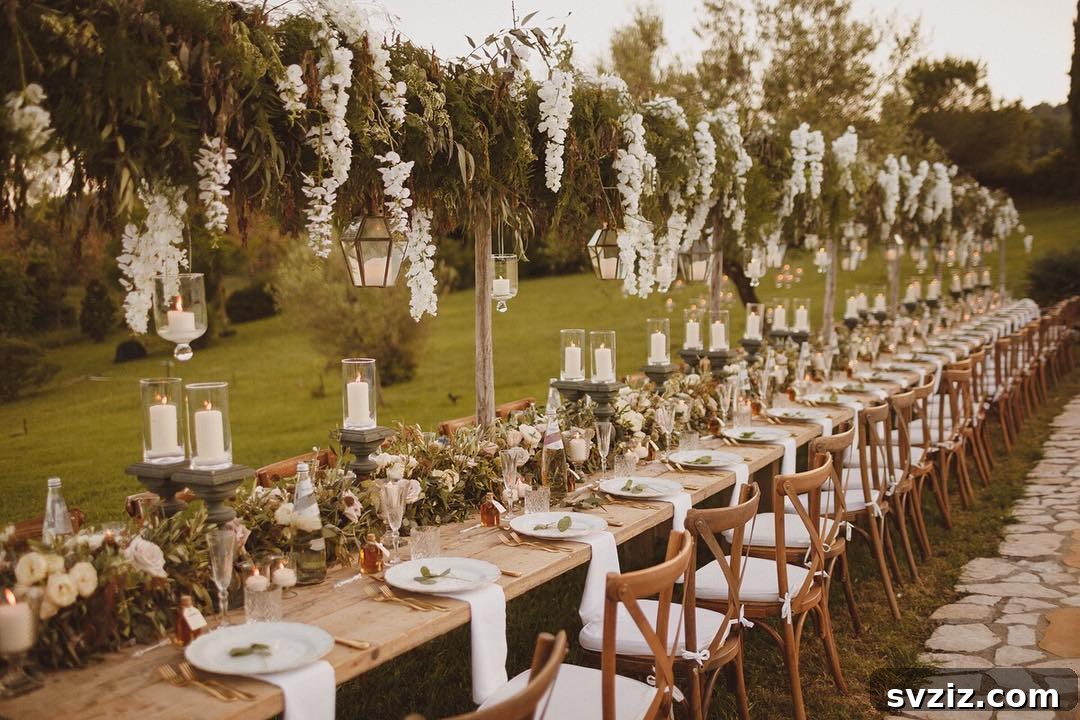 Charming Rustic Long Table Wedding Inspiration 13 Tuscan Inspired Long Table Wedding Decor with Wisteria Canopy and Pillar Candles