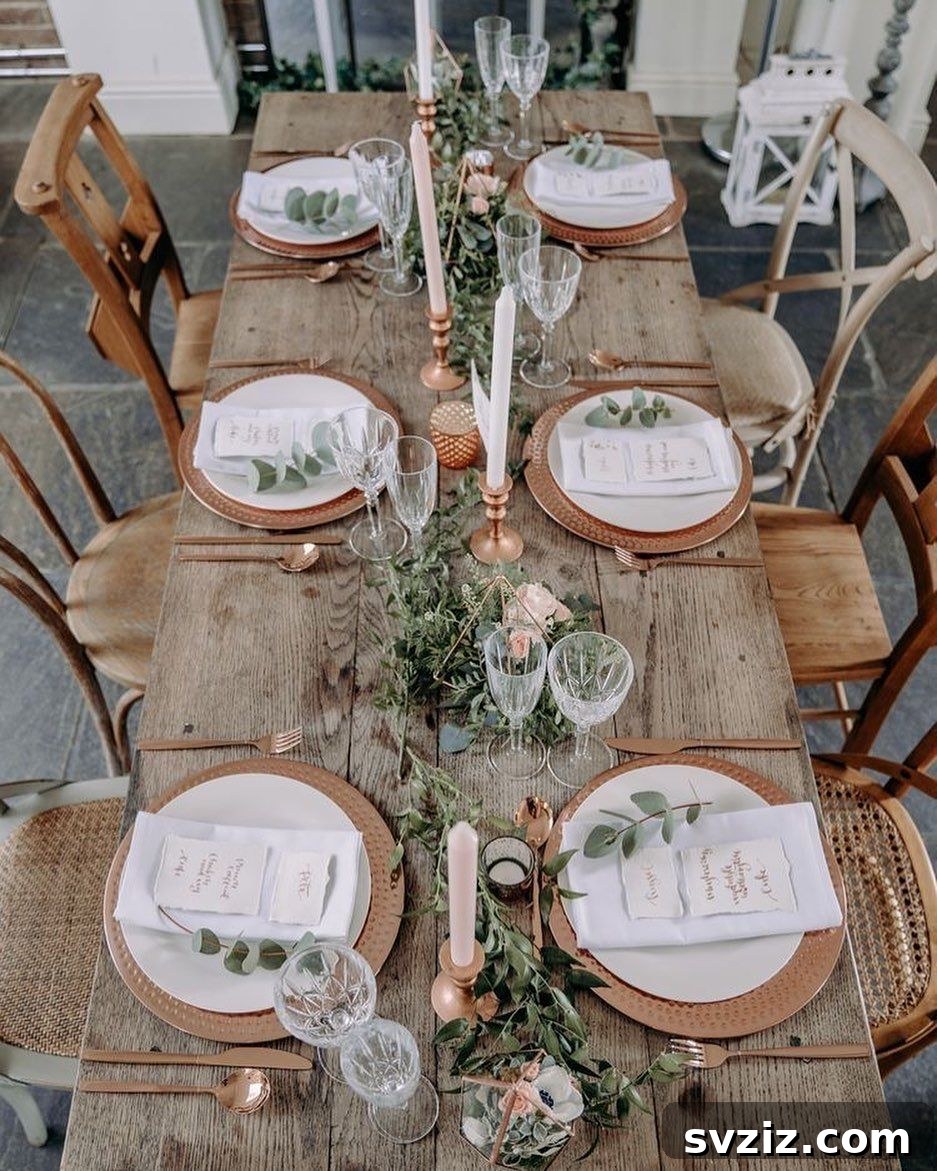 Charming Rustic Long Table Wedding Inspiration 14 Pale Wood Rustic Long Table with Rose Gold Charger Plates and Mismatched Wooden Chairs