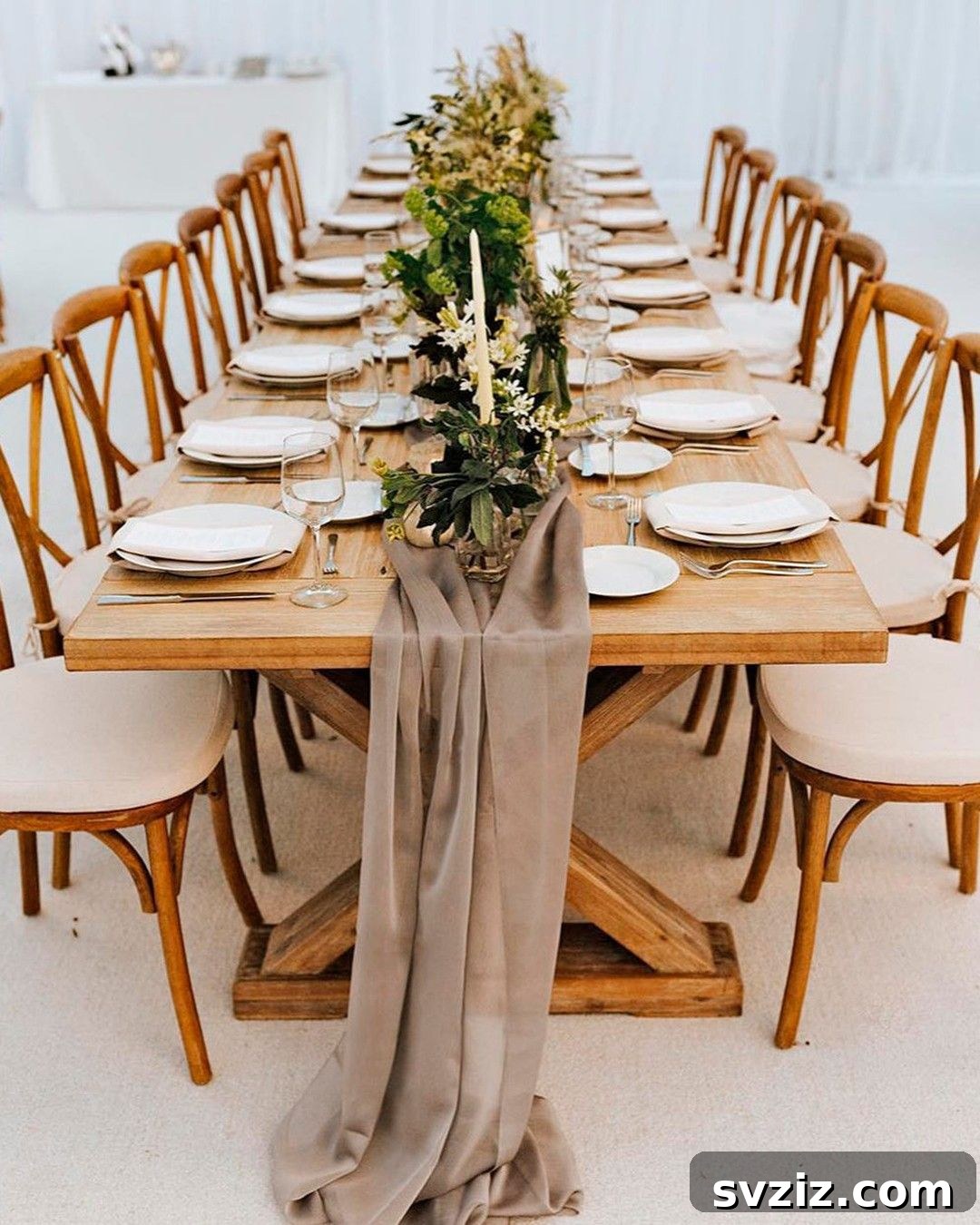 Charming Rustic Long Table Wedding Inspiration 15 Rustic Long Table adorned with Champagne Hued Chiffon Table Runners for a touch of Decadence