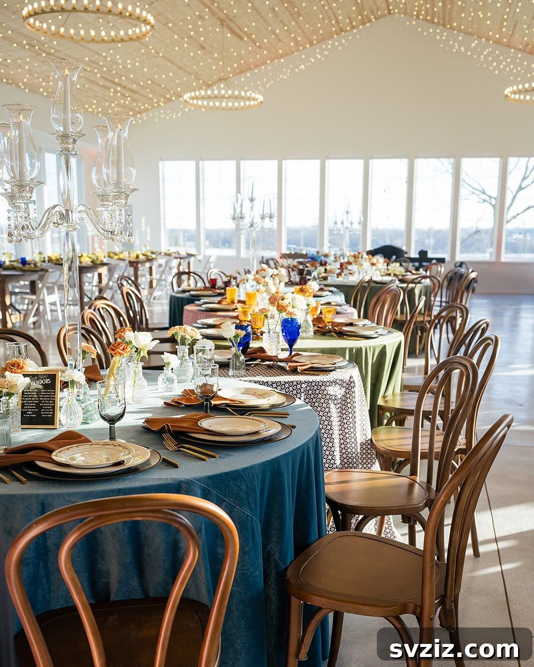 Charming Rustic Long Table Wedding Inspiration 18 Creative Long Table Illusion using Round Tables with Different Colored Tablecloths