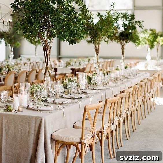 Charming Rustic Long Table Wedding Inspiration 19 Indoor Rustic Wedding Table with Towering Trees as Centerpieces and Cross-Back Chairs