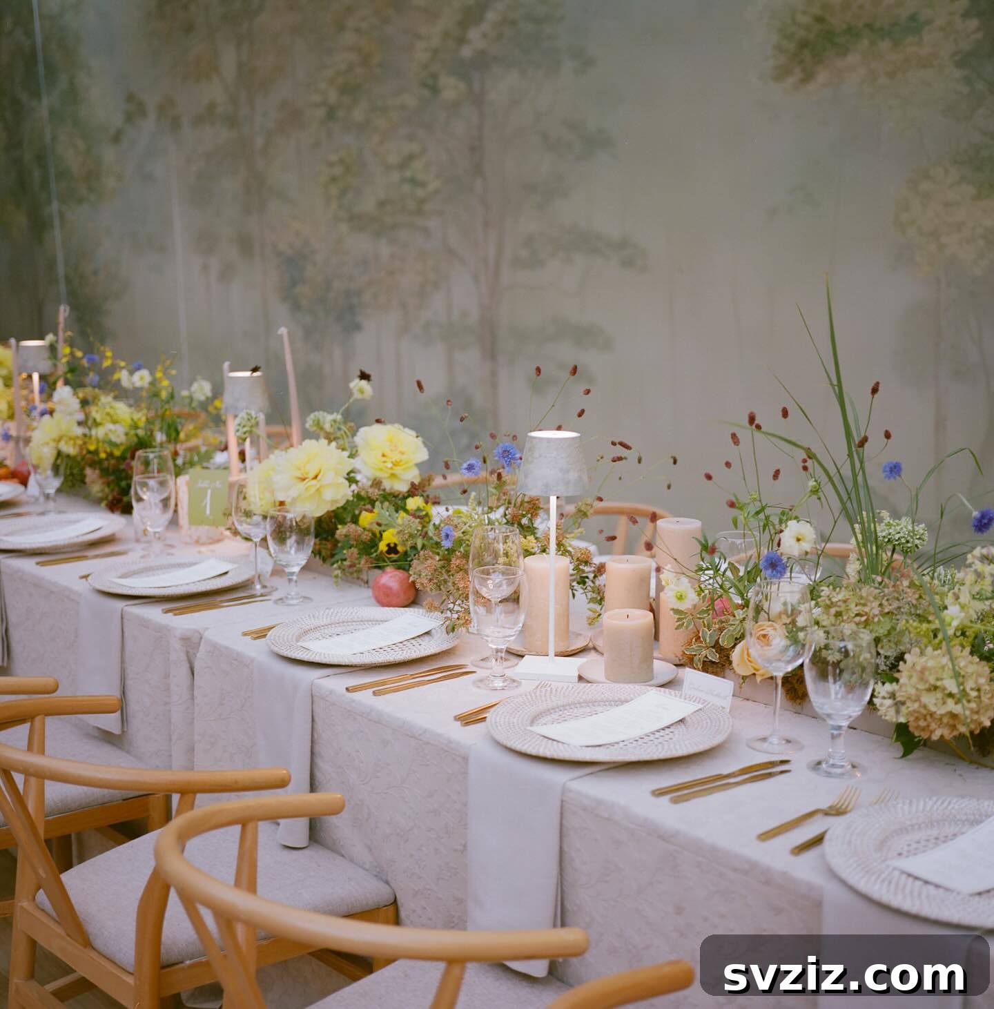 Charming Rustic Long Table Wedding Inspiration 22 Electric Blue and Autumn Blooms on Rustic Long Table with Orchids, Peonies, and Pansies