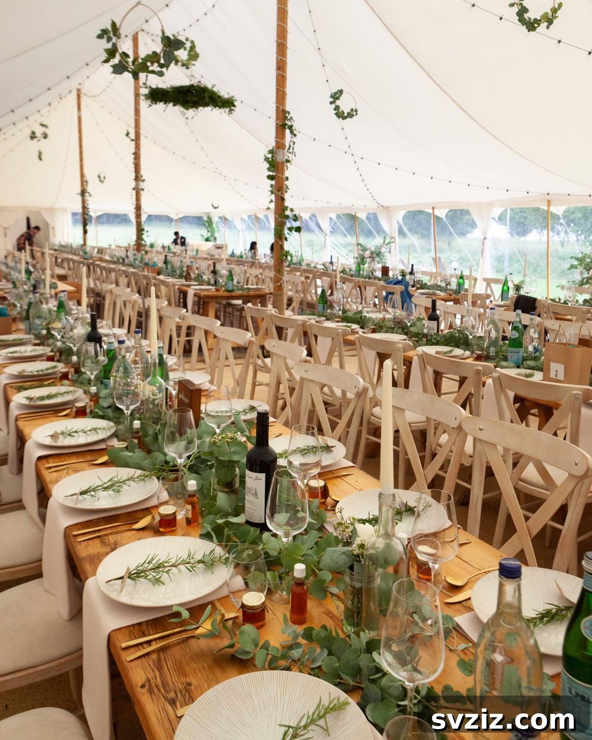 Charming Rustic Long Table Wedding Inspiration 23 Elegant Green Plant Table Settings on Rustic Long Wooden Tables with Cross-Back Chairs