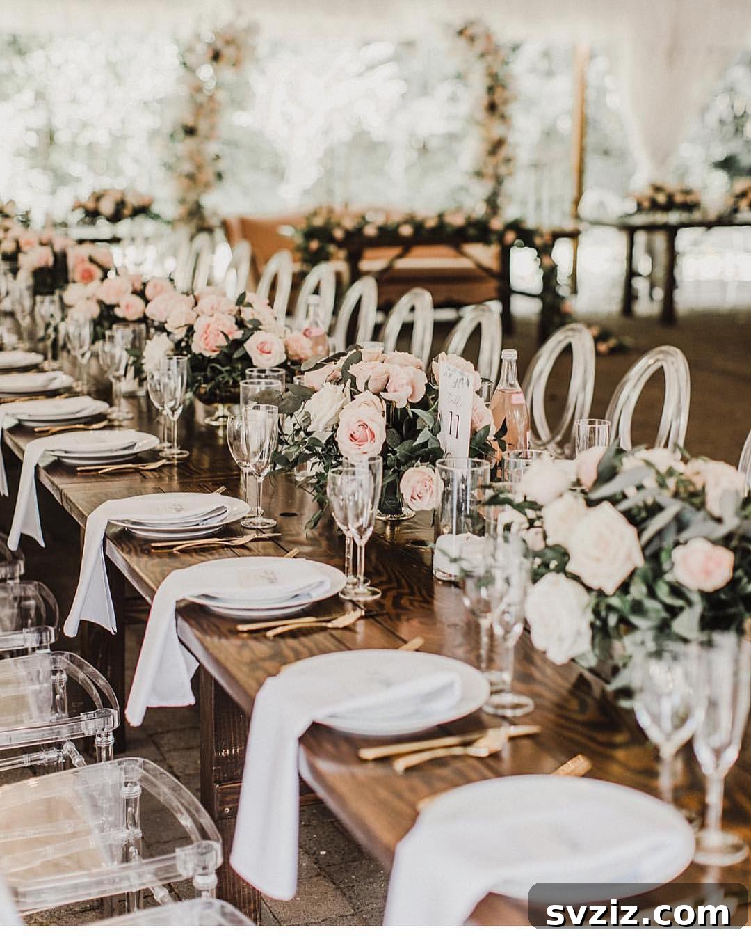 Charming Rustic Long Table Wedding Inspiration 7 Rustic Long Wedding Table with Modern Ghost Chairs and Dusty Pink Rose Centerpieces