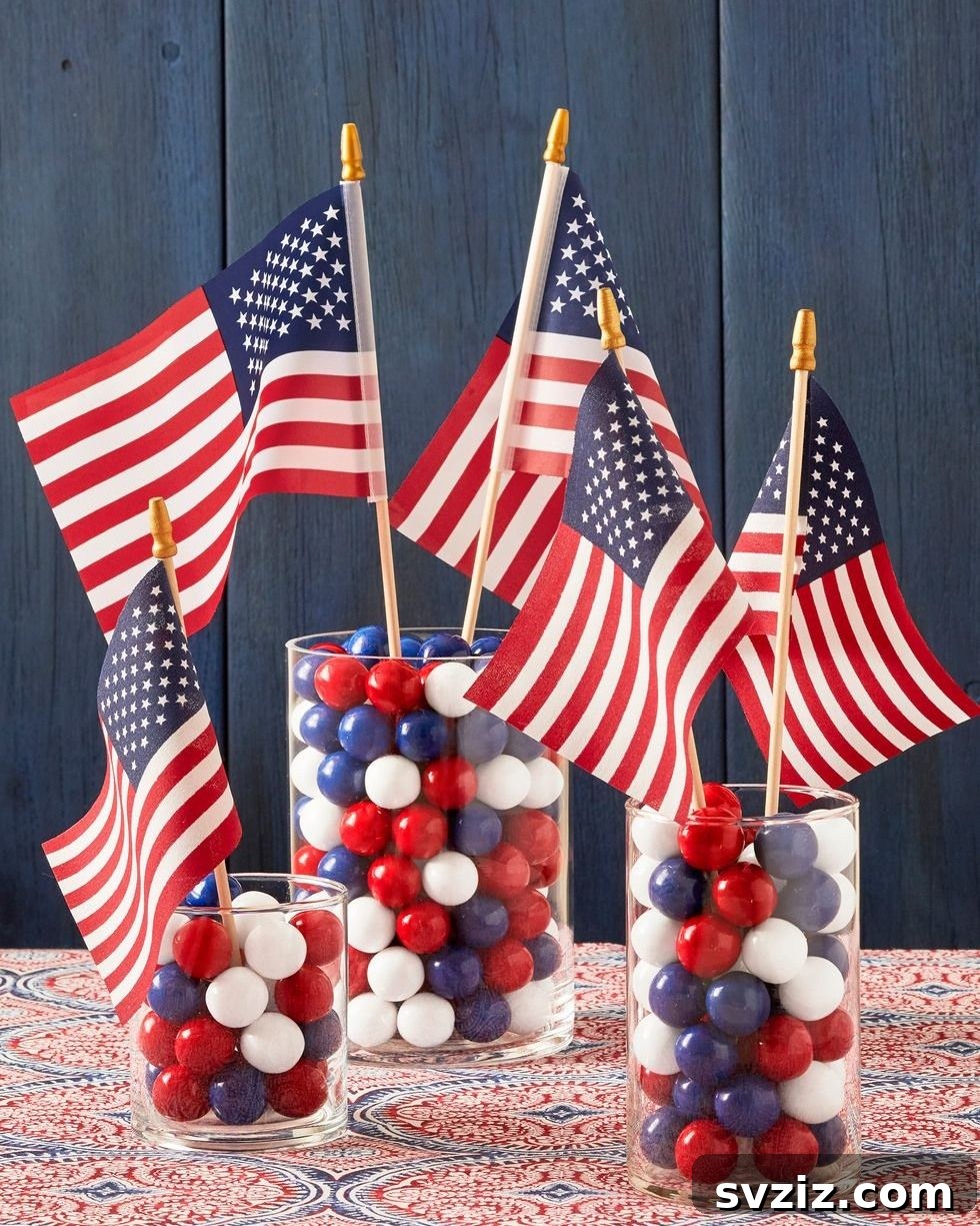 Show Your Spirit: Easy DIY 4th of July Table Decorations 16 Festive Gumball Vases with Red, White, and Blue Candy for Holiday Table