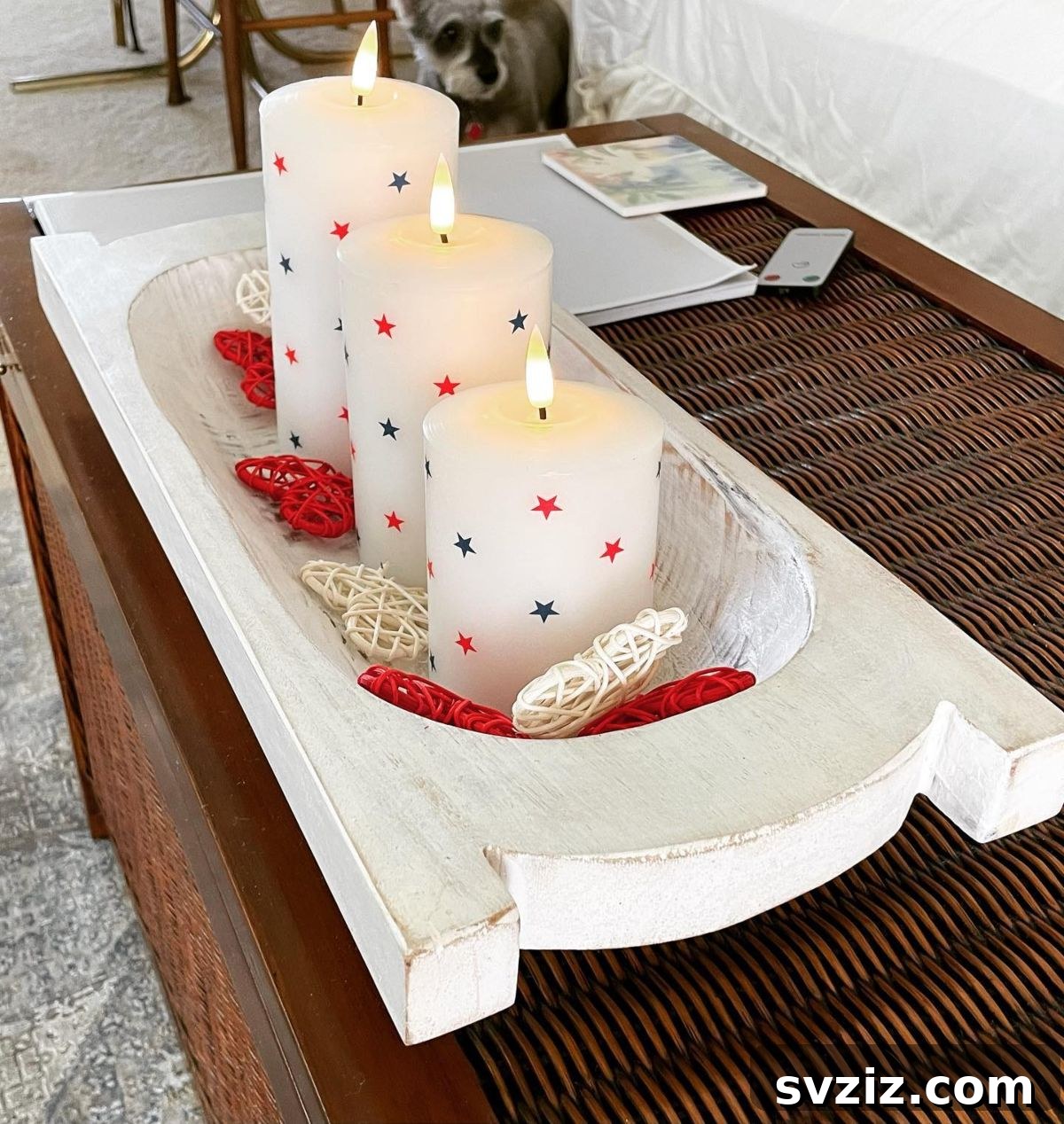 Show Your Spirit: Easy DIY 4th of July Table Decorations 17 Simple Patriotic Candles in a Rustic Dough Bowl for 4th of July Decor