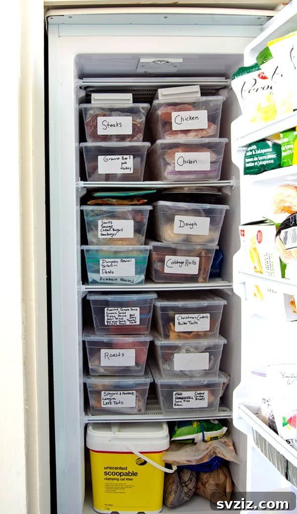 labeled plastic containers in freezer