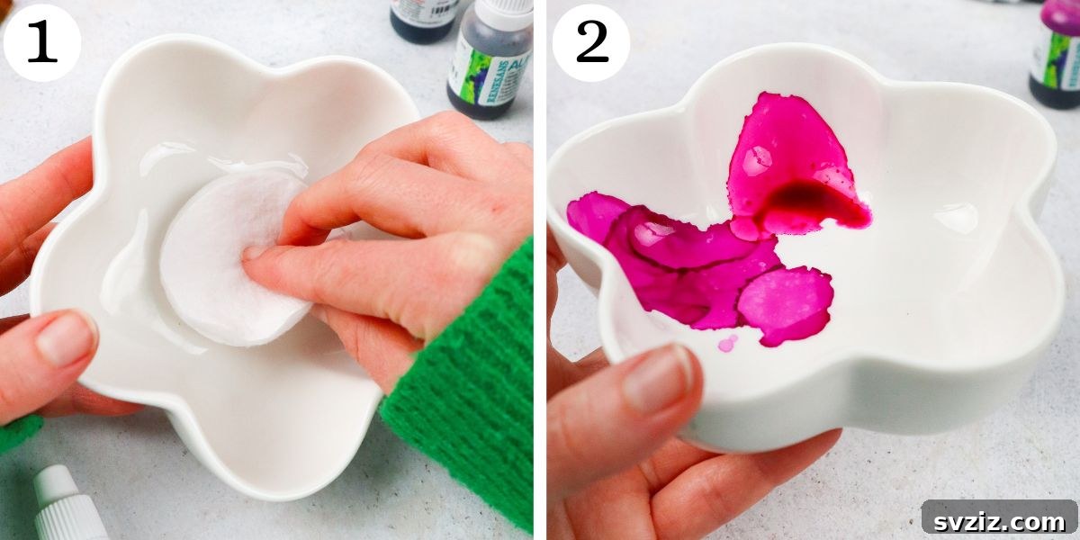 Adding first drops of alcohol ink to a ceramic bowl for crafting trinket dishes