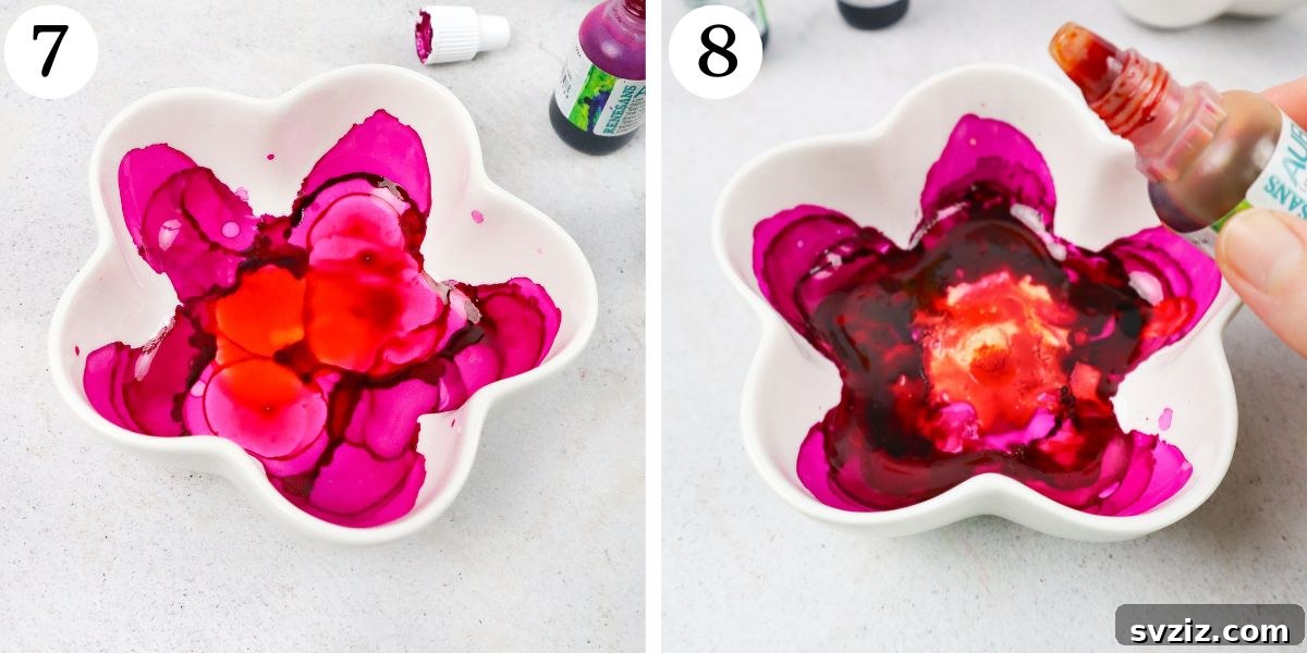 Blending multiple alcohol ink colors together for a vibrant trinket dish