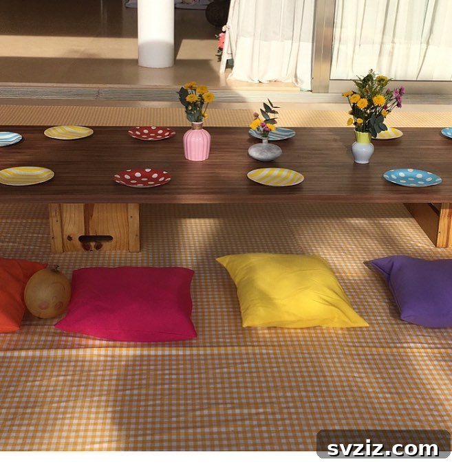 17 Enchanting Wedding Table Concepts for Your Youngest Attendees 12 10. Cozy Seating and Colorful Plates