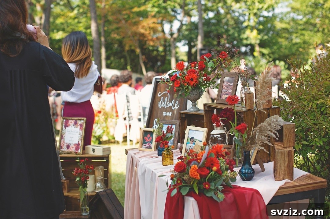 Rustic welcome table incorporating framed photos for a combined greeting and memory display.