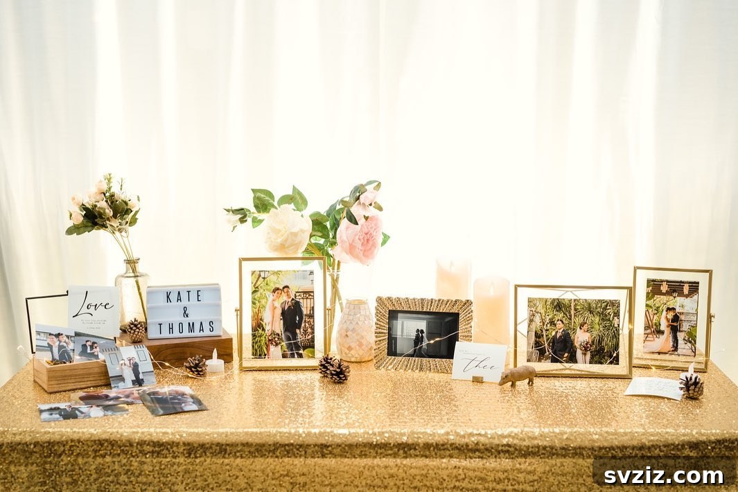 Elegant simple memory display table adorned with flowers and tasteful decorative elements.