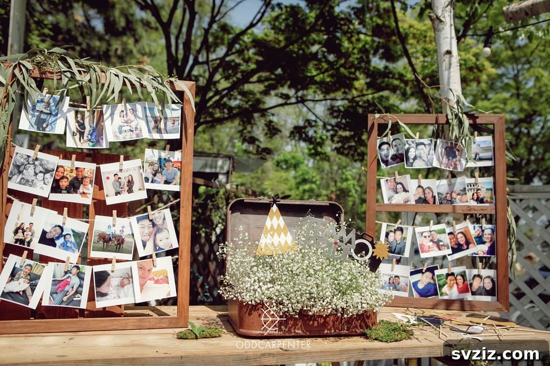 Wedding memory table featuring clip photo frames for easily displaying numerous pictures.