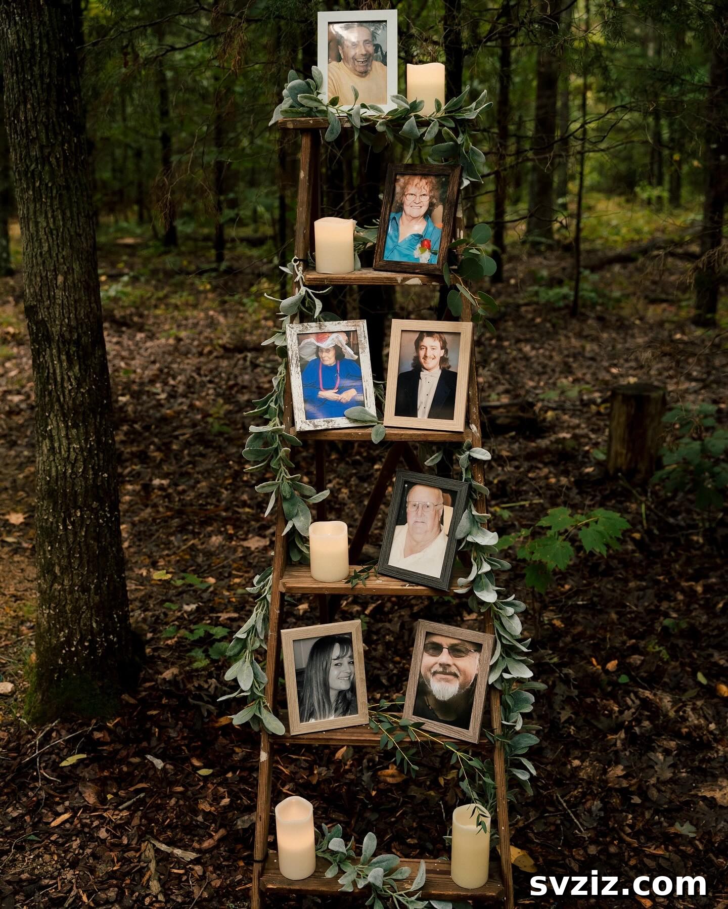 Wooden ladder decorated with framed photos and flowers as a wedding memory display.