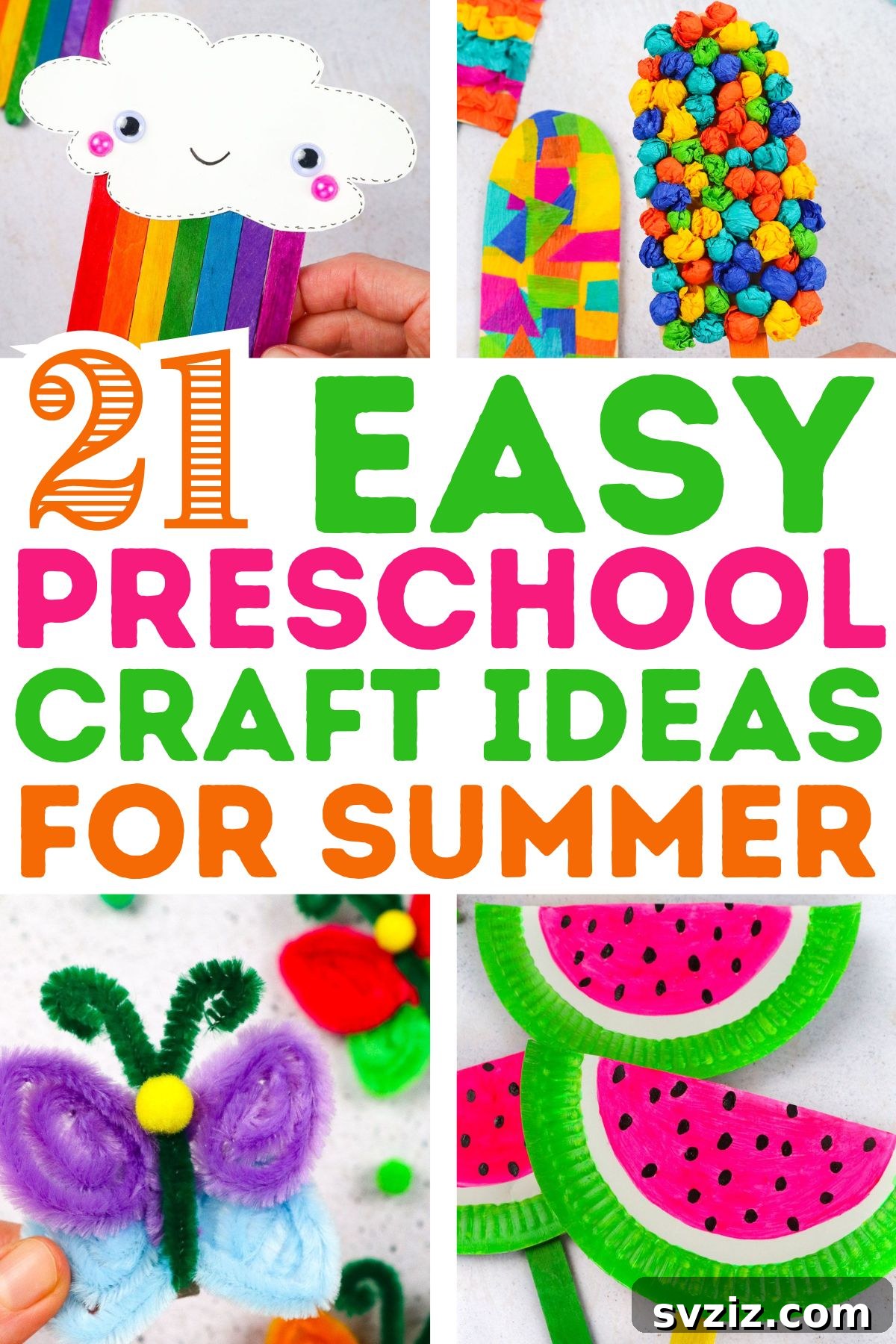 Sunny Summer Crafts for Little Hands 2 Collection of vibrant preschool summer craft ideas, including popsicles, rainbows, and butterflies, perfect for young children's creative play and skill development.