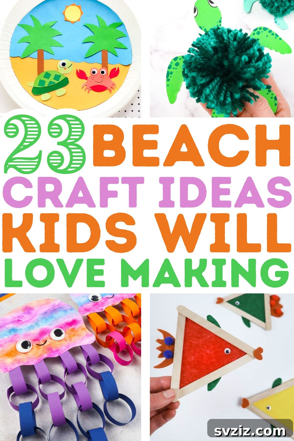 A collection of vibrant and creative beach crafts for kids, including colorful paper jellyfish, sand-filled jars, and seashell art, perfect for summer activities and keepsake creation.