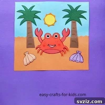 An adorable and detailed beach scene craft featuring a cute red crab, tropical palm trees, a sunny sky, and decorative seashells.