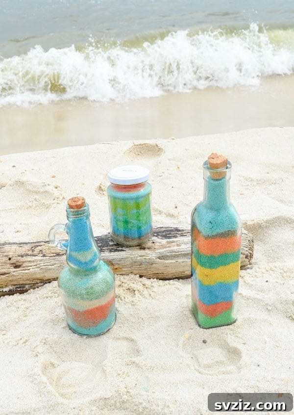Vibrant beach sand art bottles filled with layers of colored sand, creating beautiful patterns and serving as unique souvenirs.