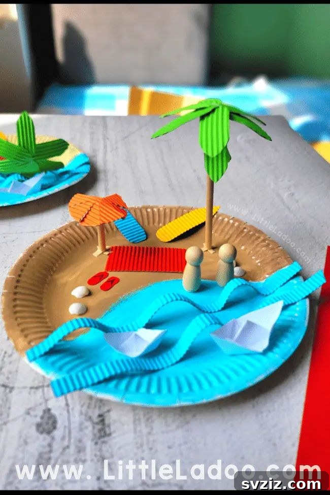 A creative 3D paper plate beach art activity, featuring layered elements to create realistic pop-out waves and a sunny beach scene.