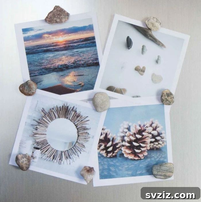 DIY fridge magnets made from painted rocks and pebbles collected from the beach, featuring colorful designs and patterns.