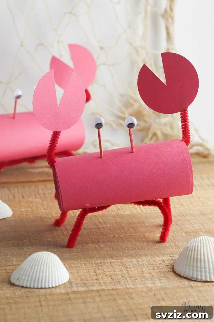 An adorable toilet paper roll crab craft with red construction paper, pipe cleaners for legs, and googly eyes.