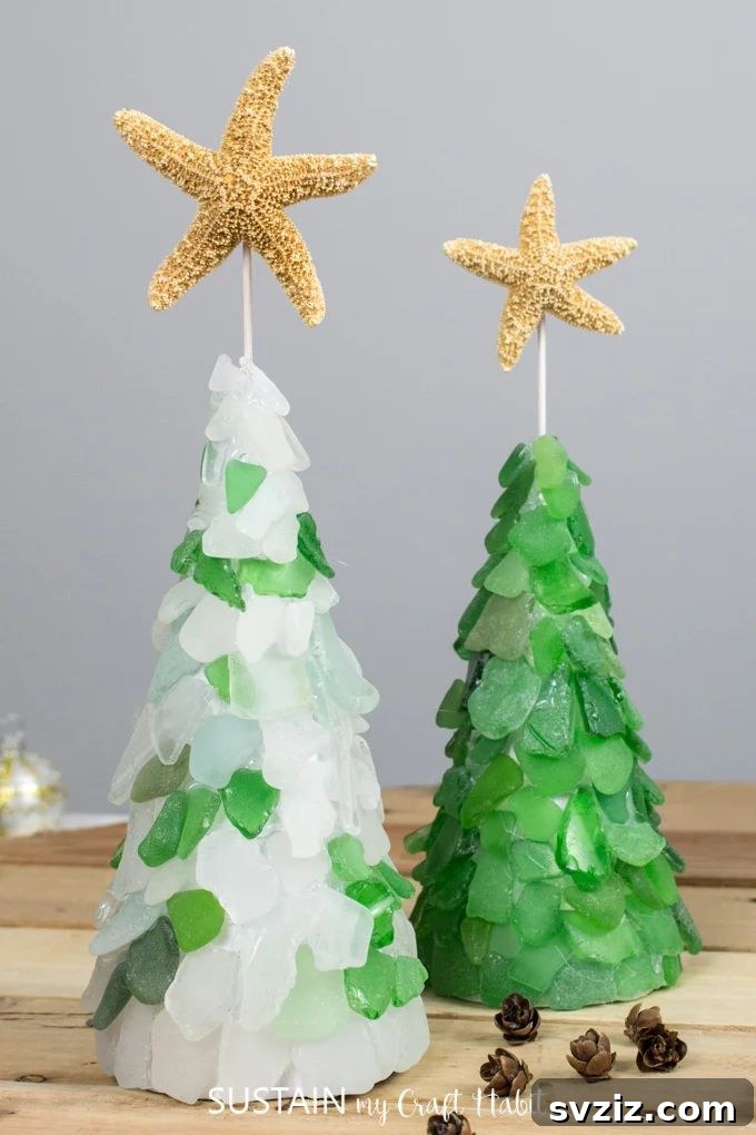 Elegant DIY beach glass trees crafted from collected sea glass pieces arranged on wire frames, creating a unique coastal decoration.