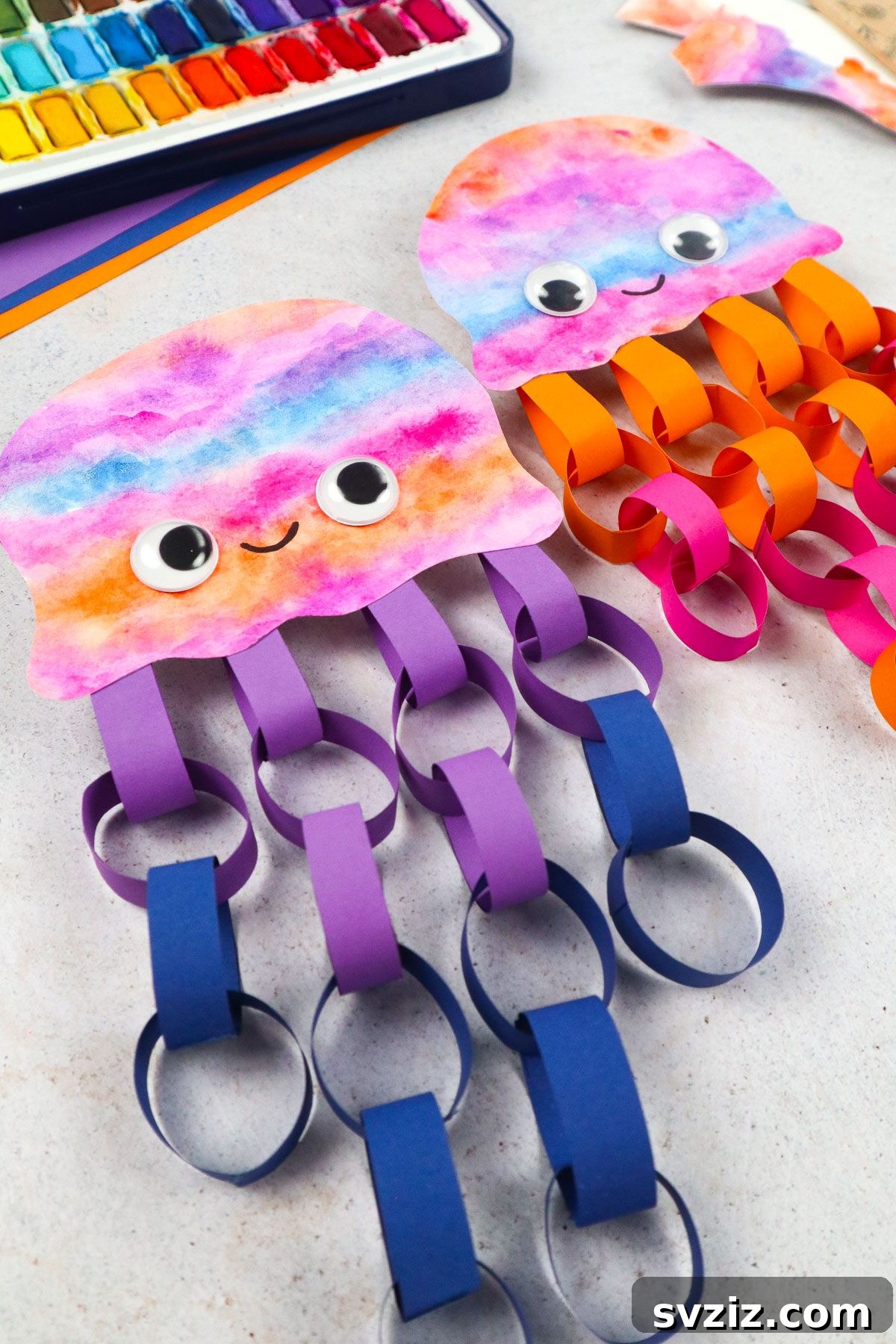 A charming DIY paper jellyfish craft, featuring colorful paper tentacles and googly eyes, ideal for creative kids' projects.