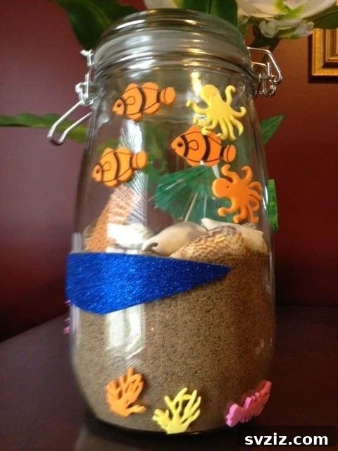 A charming beach jar craft filled with sand, seashells, and miniature beach-themed decorations, perfect for evoking seaside memories.