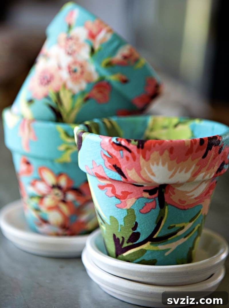 Creative Summer Projects for Grown-Ups 12 Cute DIY flowerpot made with clay, old fabric scraps, and Mod Podge.