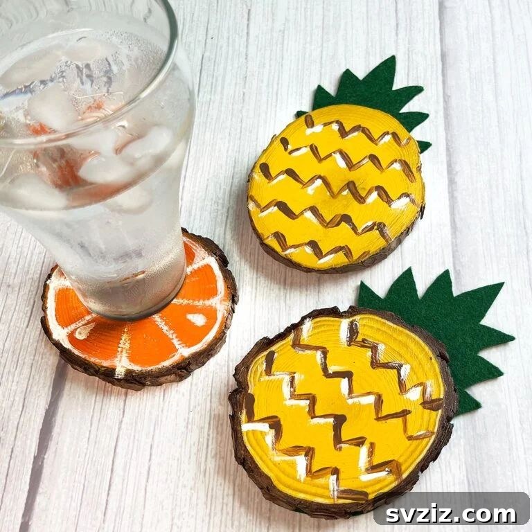 Creative Summer Projects for Grown-Ups 10 Festive DIY fruity coasters (pineapple and orange) made from wood slices.