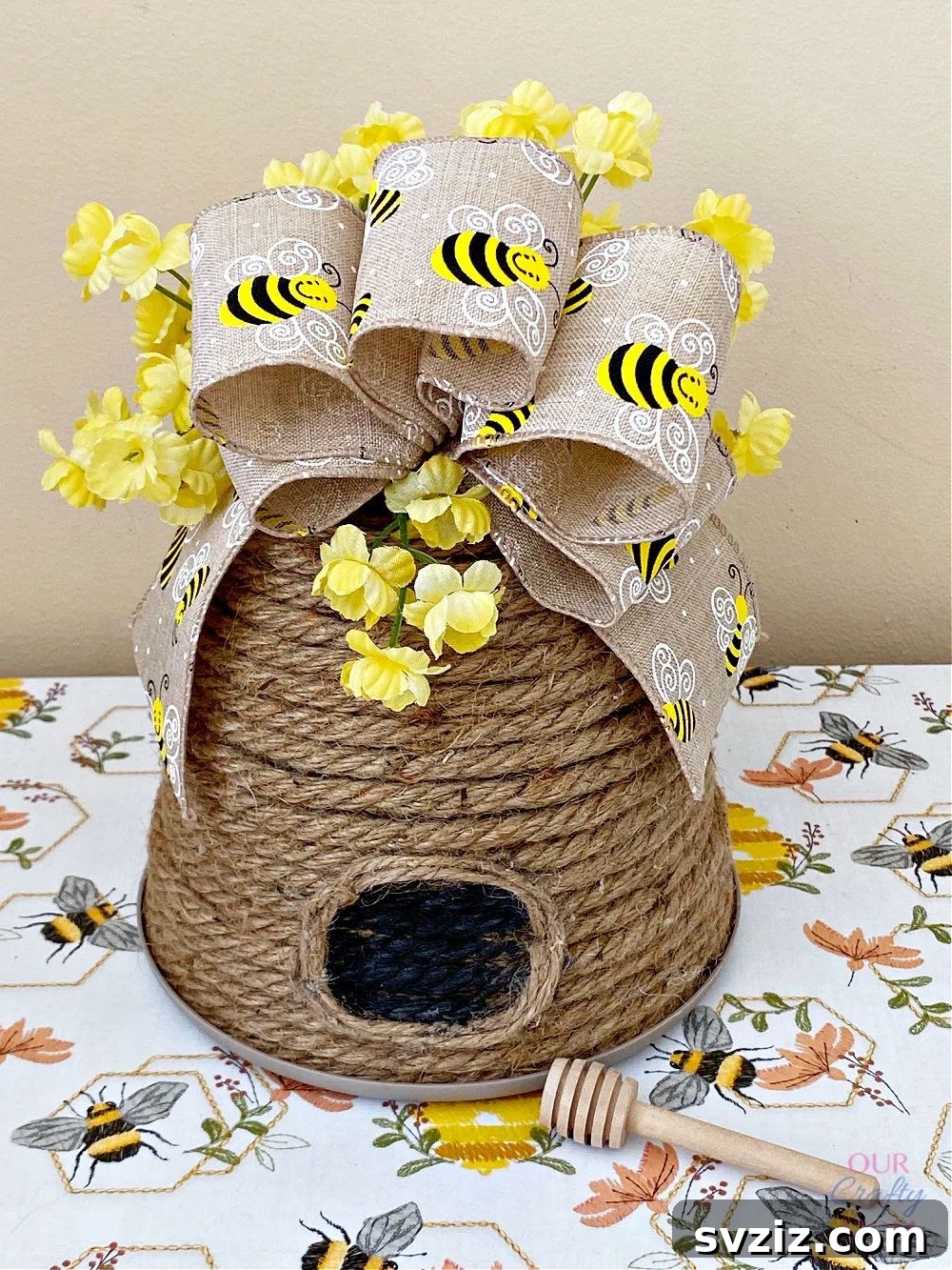 Adorable Handmade Beehive Decor with Bee Ribbon