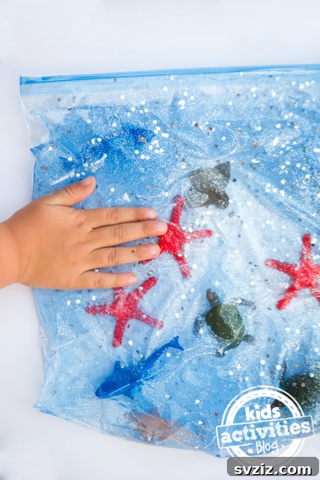 Mess-free ocean themed sensory bag with sea animals and glitter.