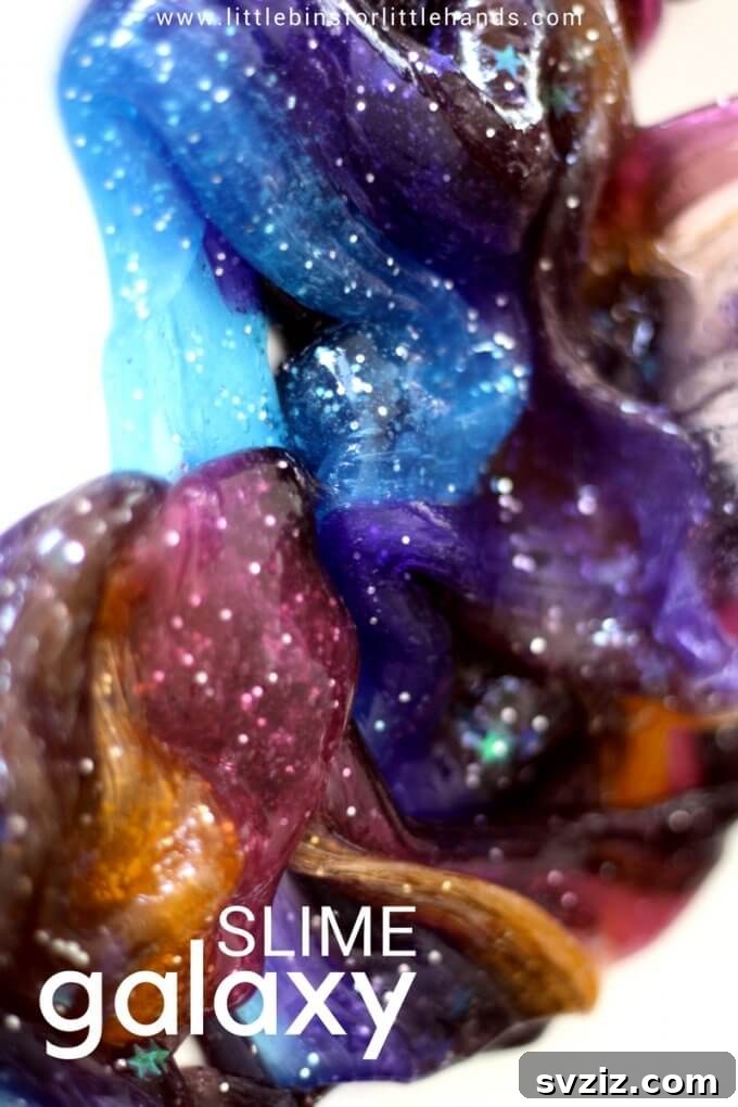 Sparkly and mesmerizing galaxy slime in a child's hands.