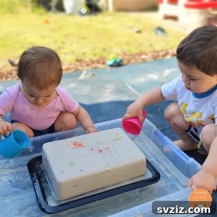 Kids playing with a unique frozen sand sensory bin with hidden toys.