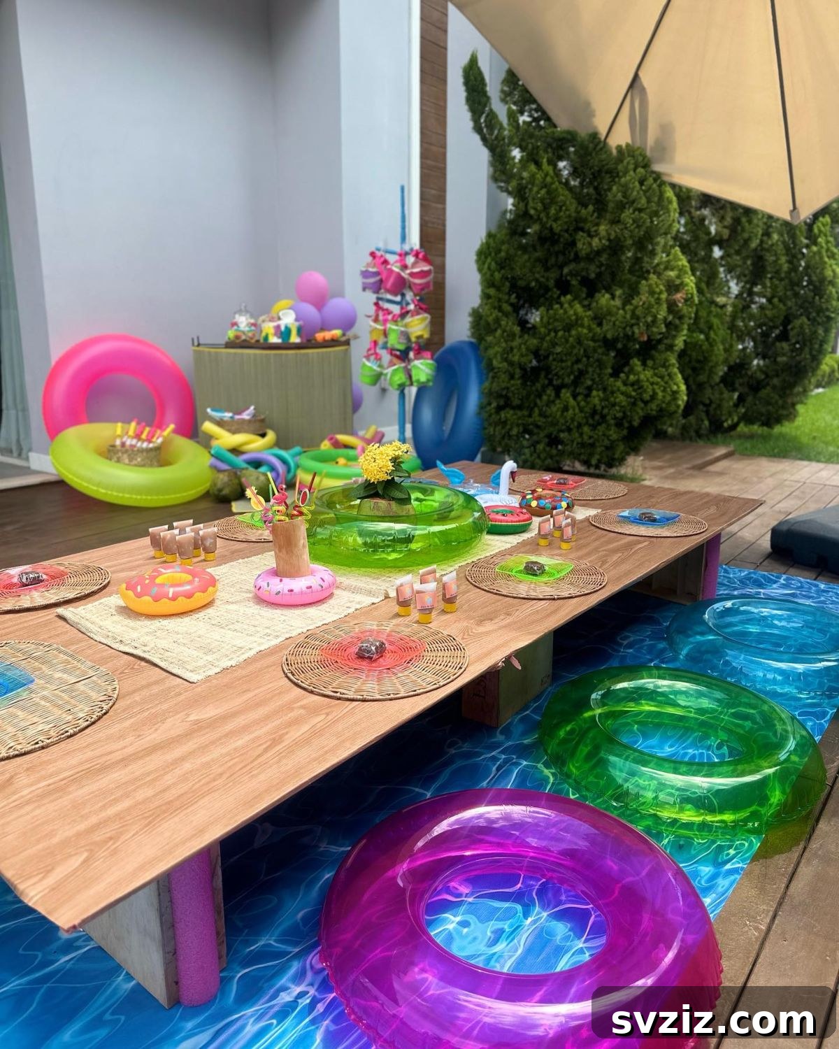 Splash into Summer: Creative Pool Party Ideas 15 Creative tablescape featuring inflatables as seating and decor.