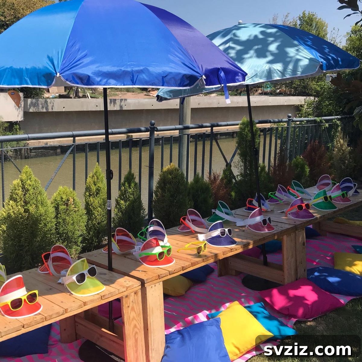Splash into Summer: Creative Pool Party Ideas 16 Colorful display of visors and sunglasses as party favors.
