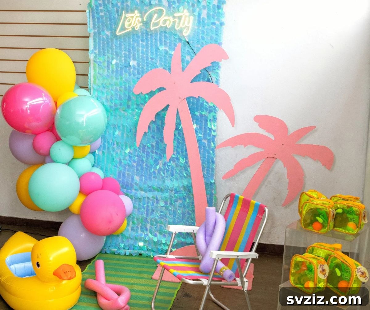 Splash into Summer: Creative Pool Party Ideas 18 Festive 'Let's Party' pool setup with palm trees and a rubber ducky.