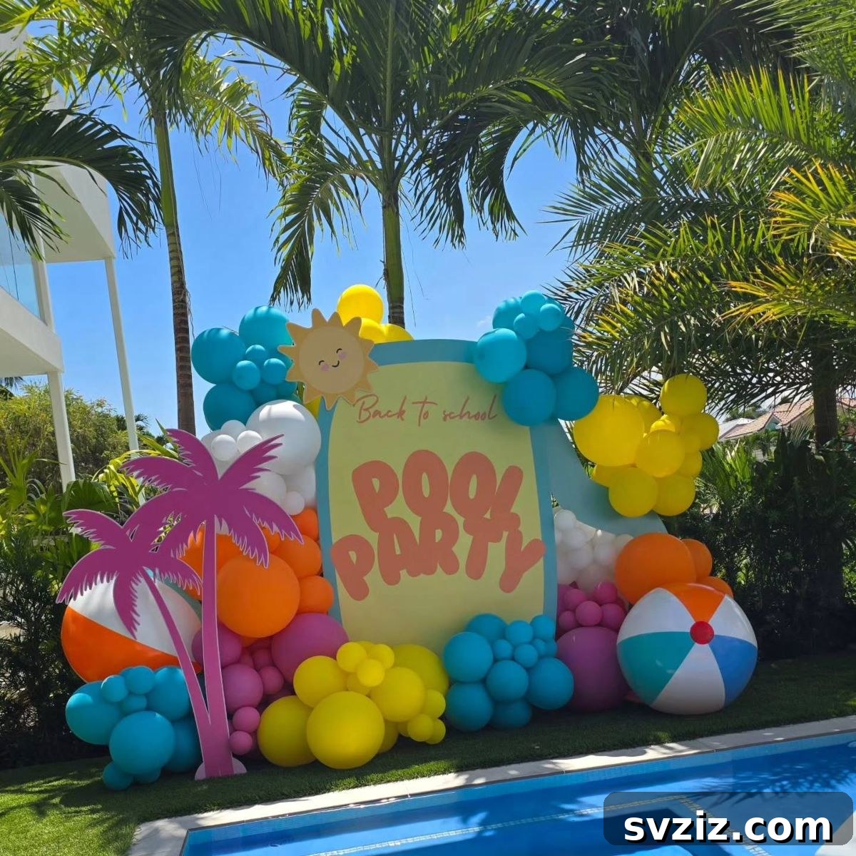 Splash into Summer: Creative Pool Party Ideas 3 Back-to-School Pool Party setup with colorful balloons and palm trees.