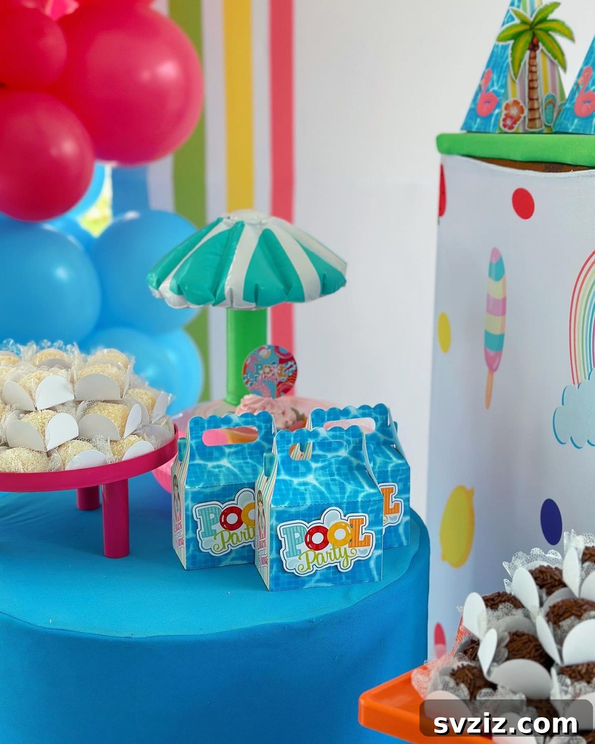 Splash into Summer: Creative Pool Party Ideas 24 Decorated goodie bag and treat table with tropical elements.