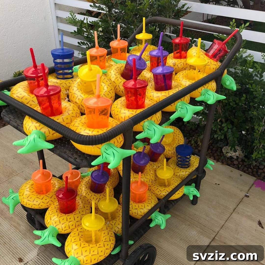 Splash into Summer: Creative Pool Party Ideas 4 Cute pineapple-themed drink station for a pool party.