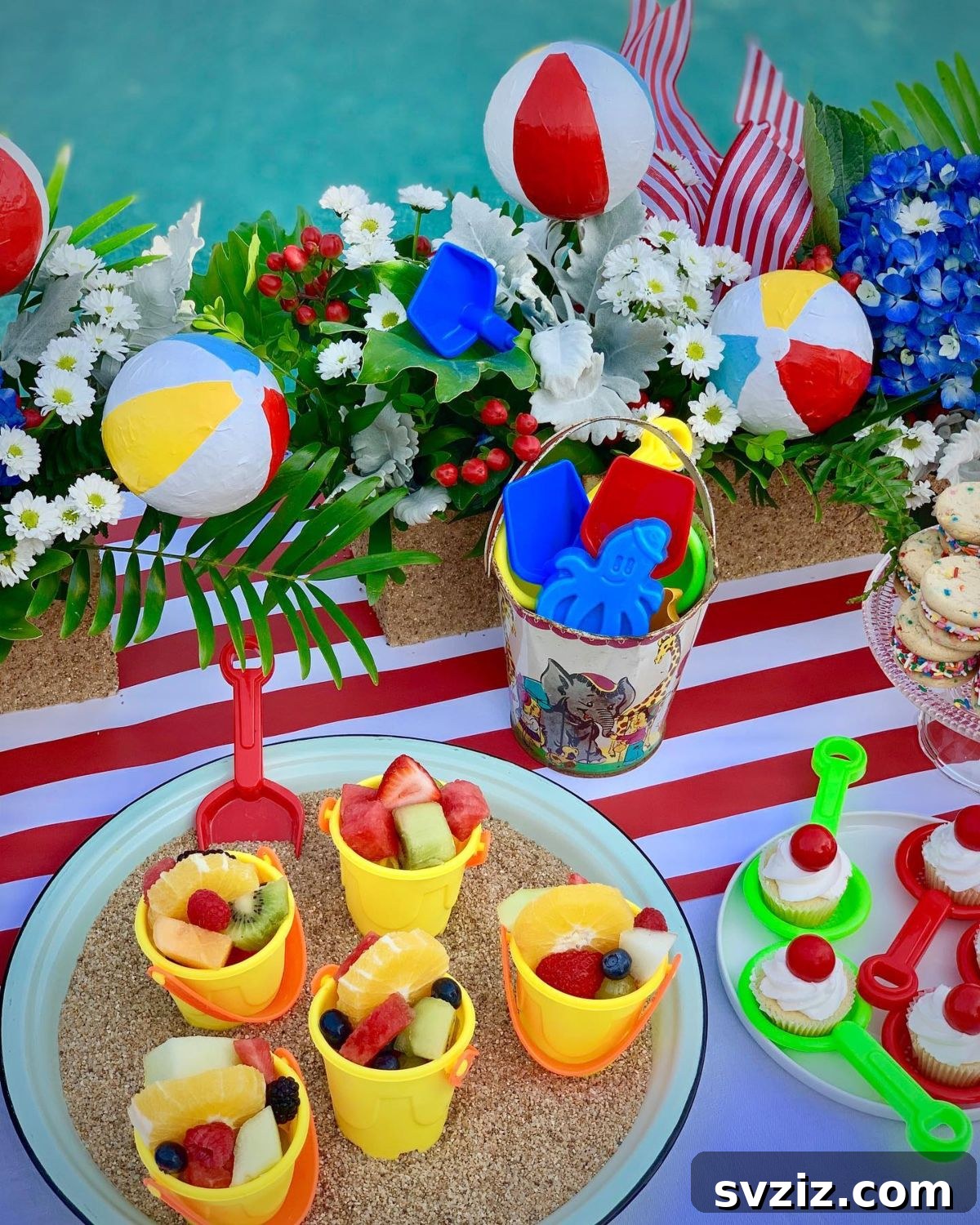 Splash into Summer: Creative Pool Party Ideas 5 Beach-themed pool party decor with sand toys and natural elements.