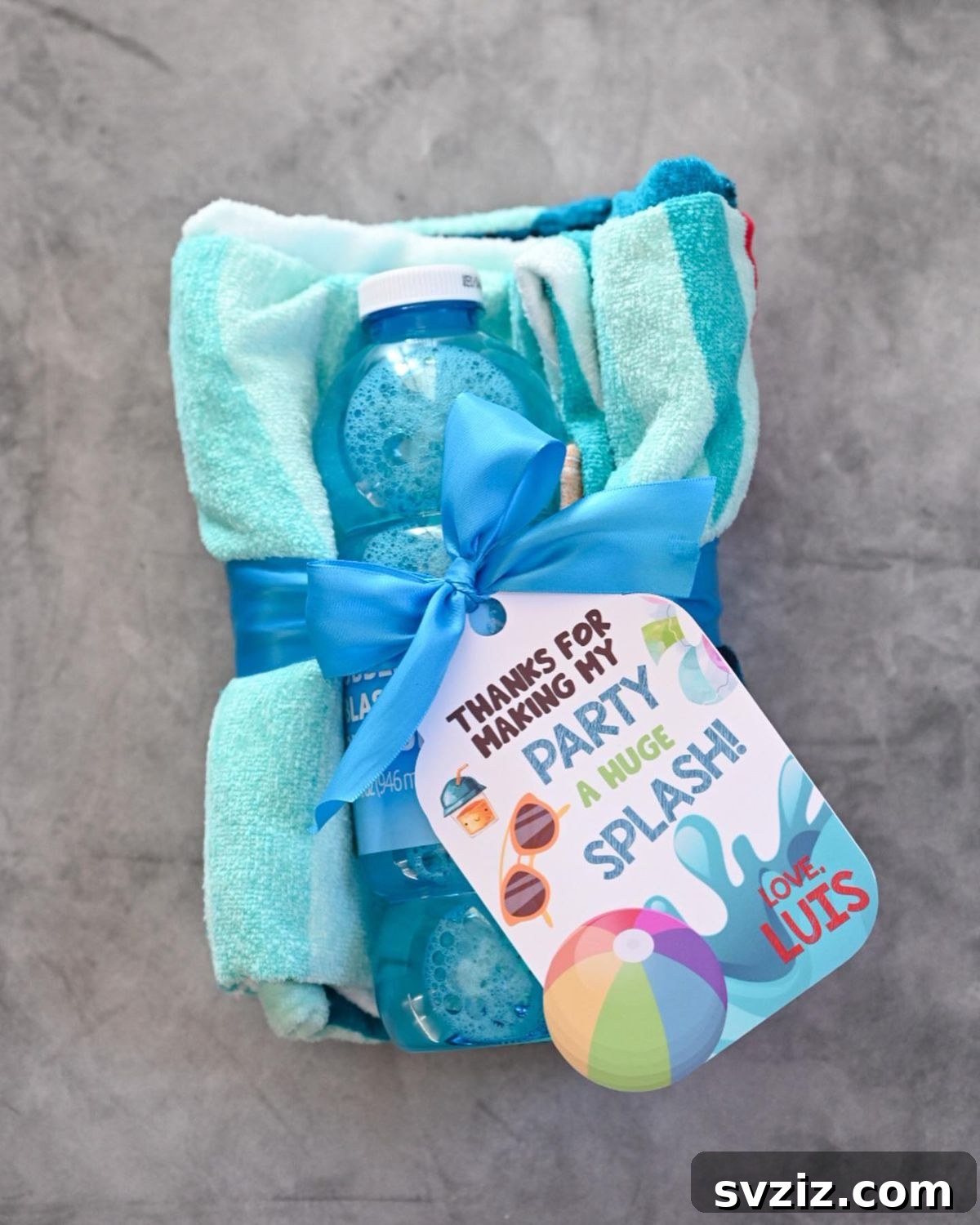 Splash into Summer: Creative Pool Party Ideas 6 Custom beach towel and drink party favors.