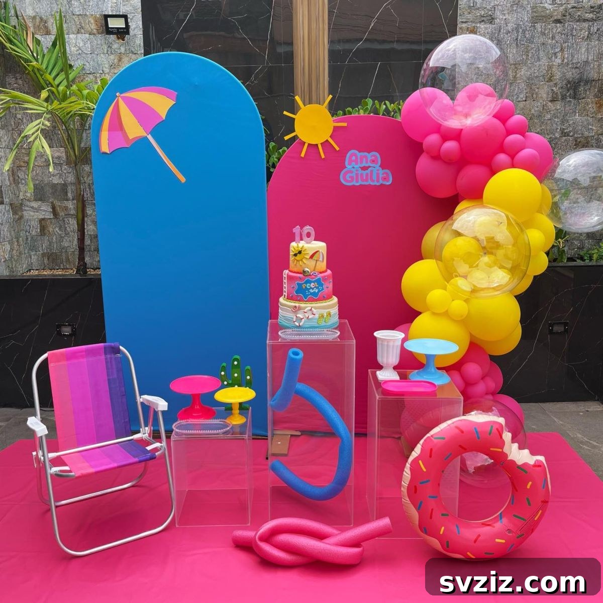Splash into Summer: Creative Pool Party Ideas 10 Charming kid's pool party decor with mini chairs and donut floats.