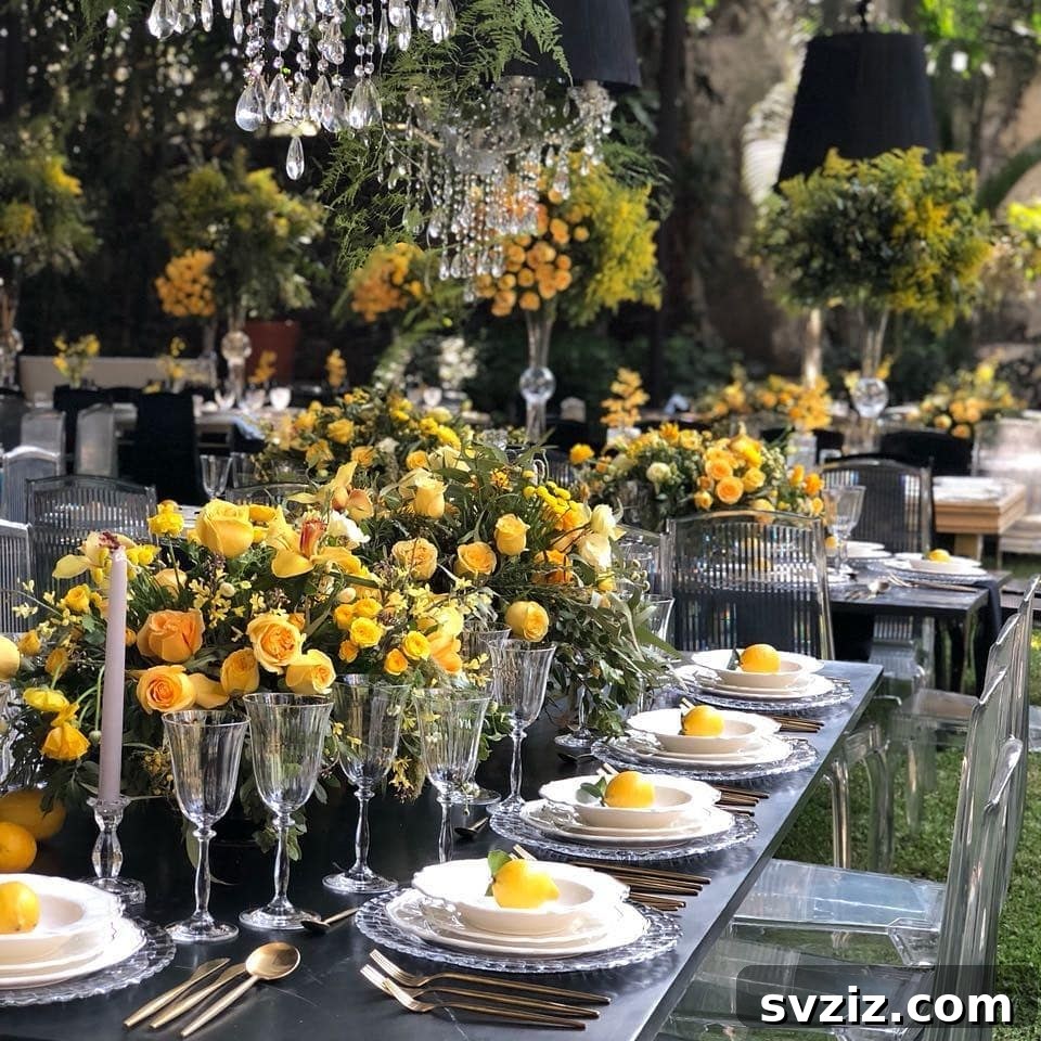 Stunning Summer Wedding Color Palettes 23 Romantic yellow tablescape with eye-catching centerpieces, creating elegant summery vibes for a wedding