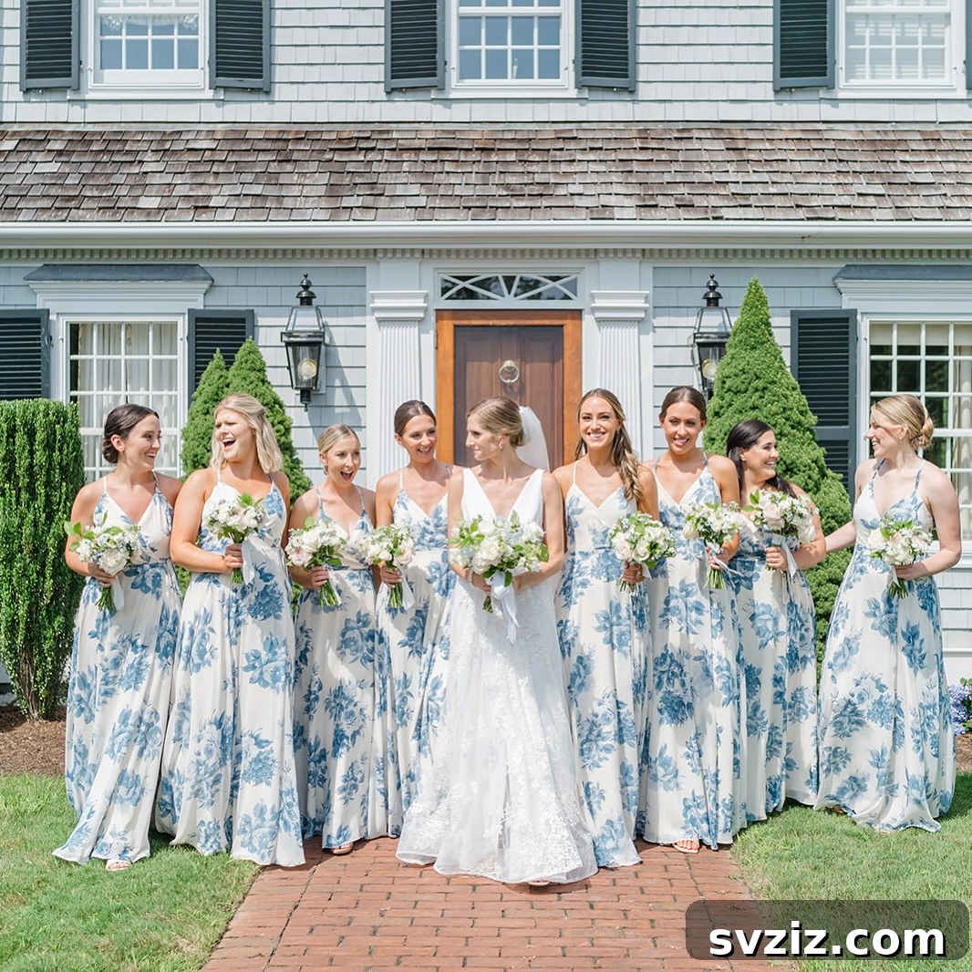 Stunning Summer Wedding Color Palettes 30 Bridesmaids in stunning floral dresses with white and blue patterns, perfect for a fresh summer wedding theme