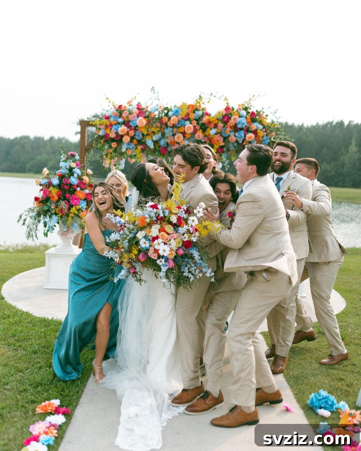 Stunning Summer Wedding Color Palettes 4 Summer wedding with sweet pinks, crisp whites, and striking blue accents in florals and bridesmaid dresses